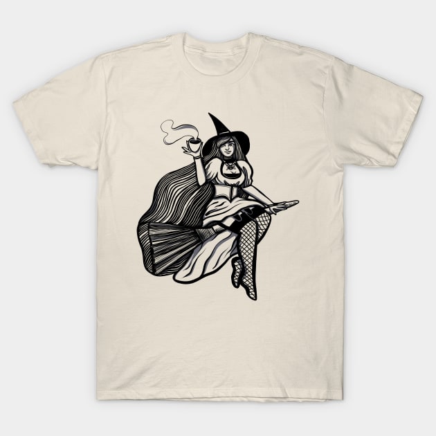 Coffee Witch on Broom T-Shirt by bubbsnugg